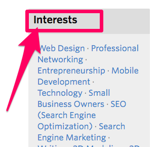 Meetup.com individual user profile interests
