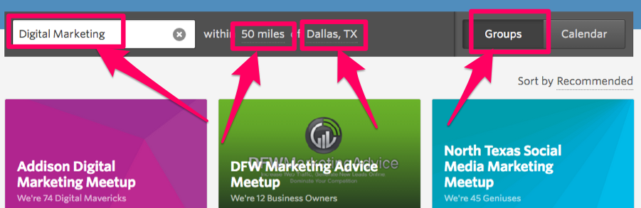 Meetup.com industry related search parameters