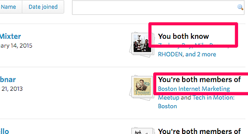 Meetup.com group members common connections